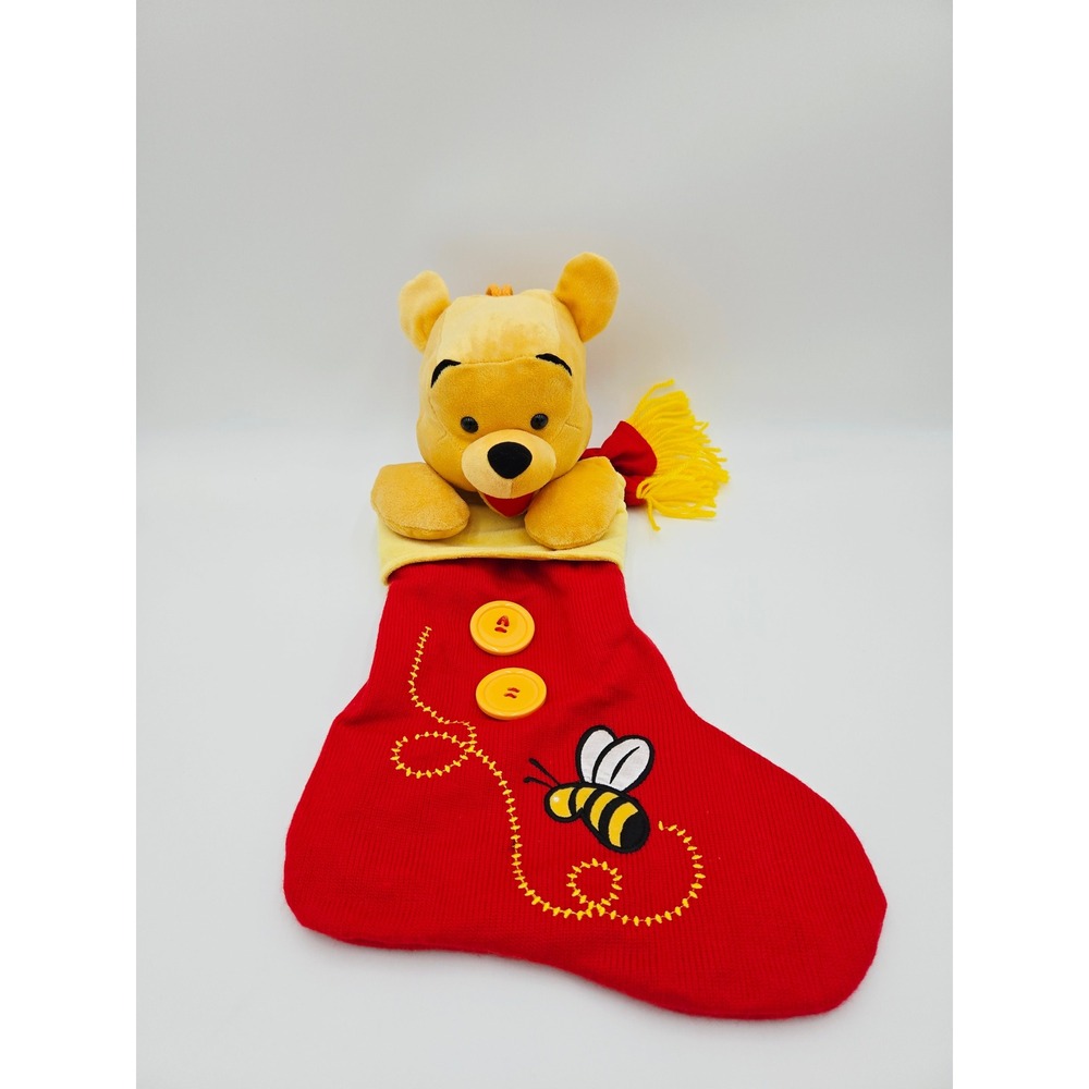 Disney Parks Winnie the Pooh‎ Plush Christmas Stocking Red Knit Bumblebee 20"